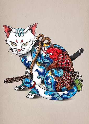 Samurai Cat with Koi and Swords