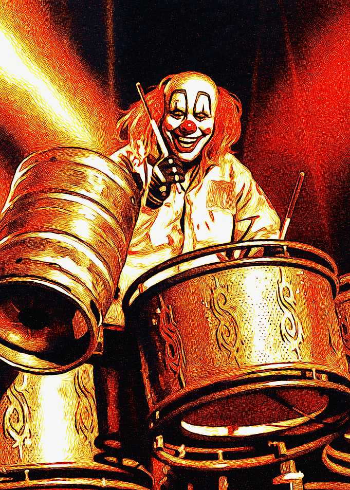 Clown Drummer in Fiery Light