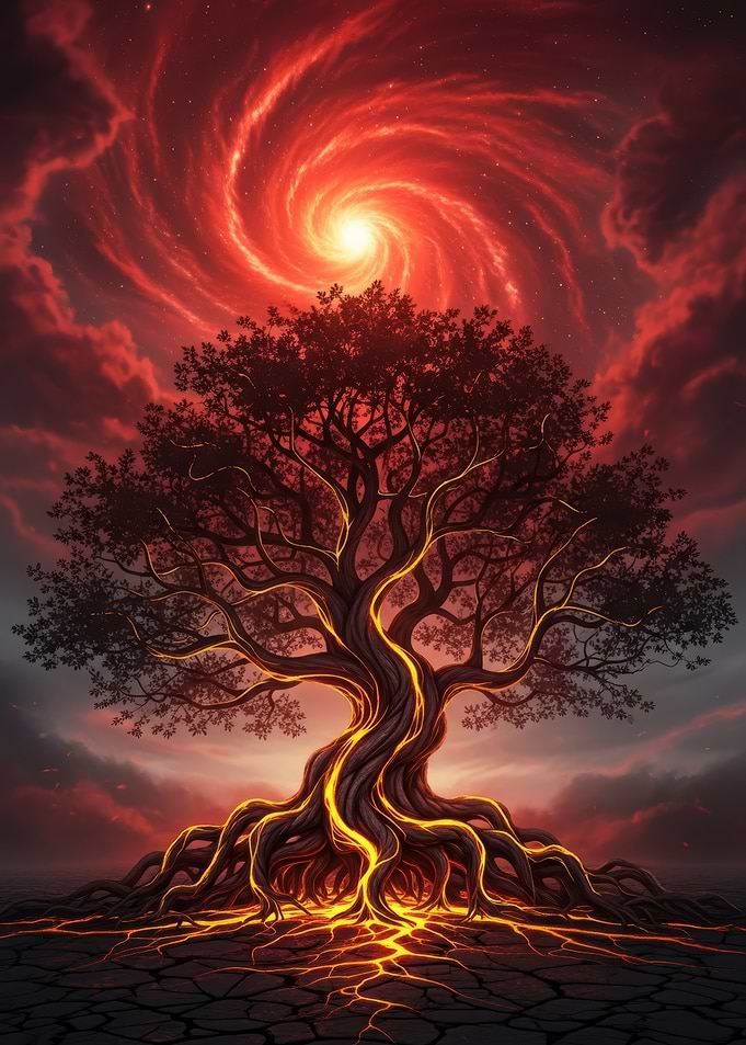Fiery Tree Under Swirling Sky