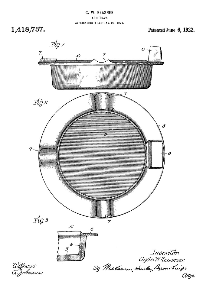 Ash Tray Patent Drawing, 1922