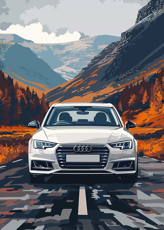White Audi A4 in Mountain Landscape
