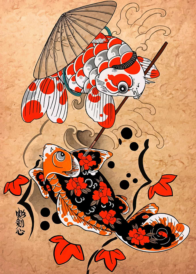 Koi Fish Illustration with Umbrella
