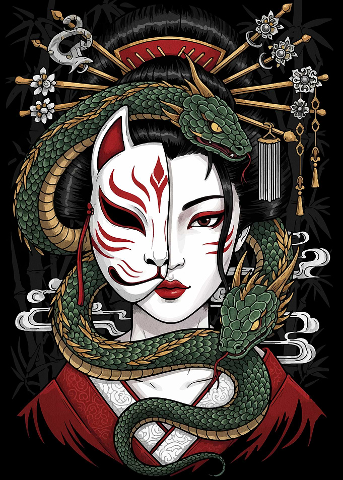 Geisha with Kitsune Mask and Snake