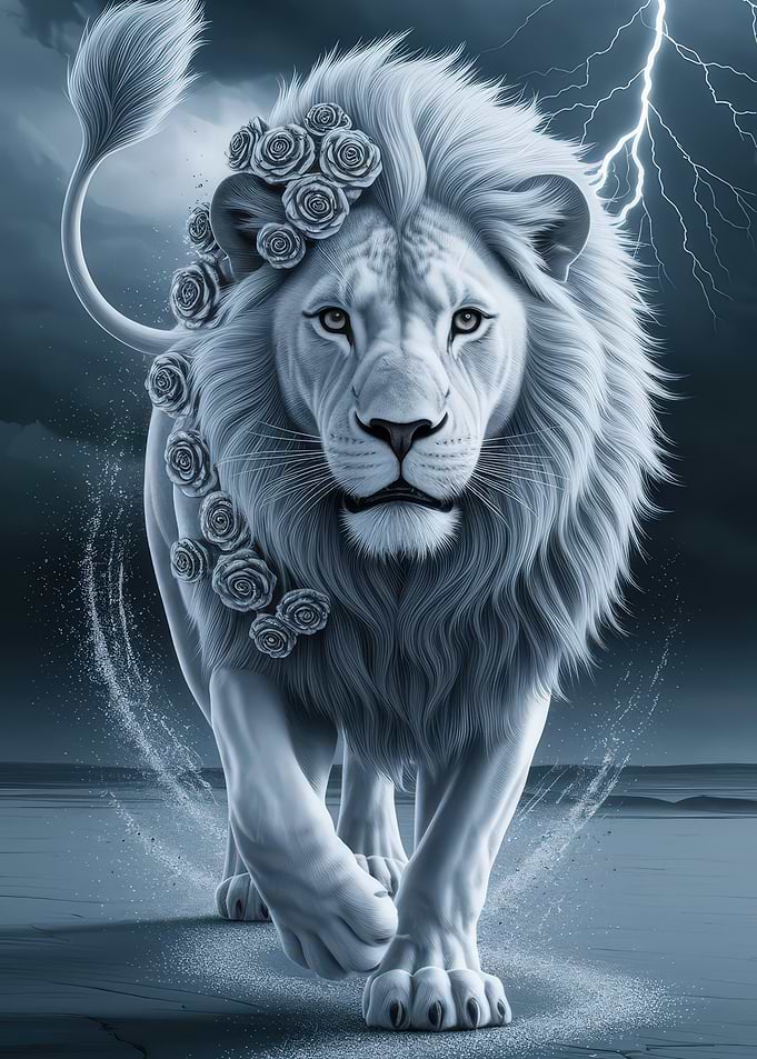 White Lion with Roses and Lightning