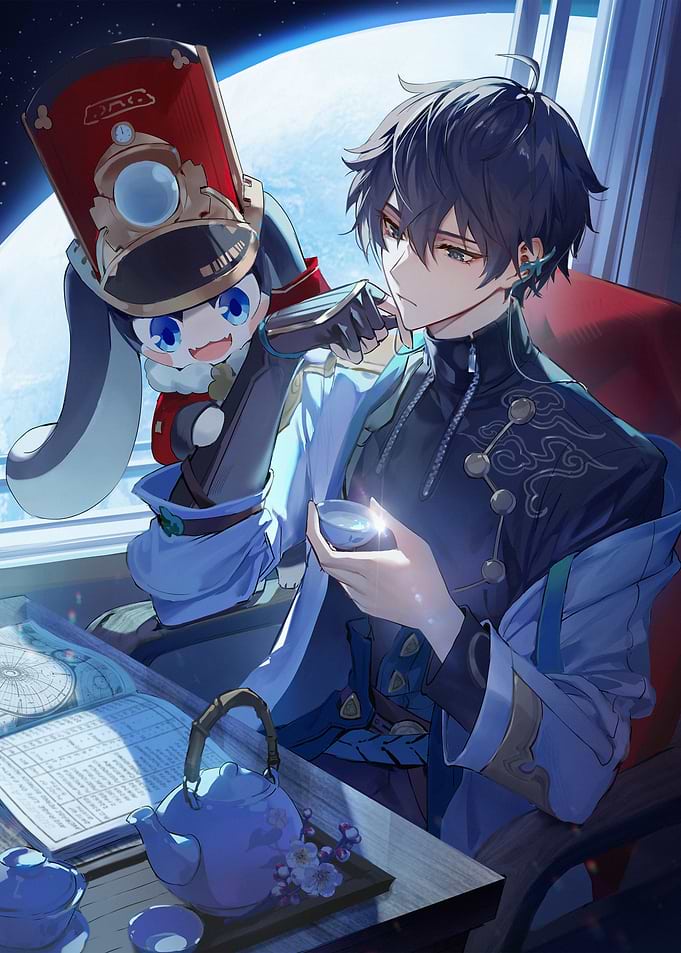 Anime Man with Rabbit and Tea