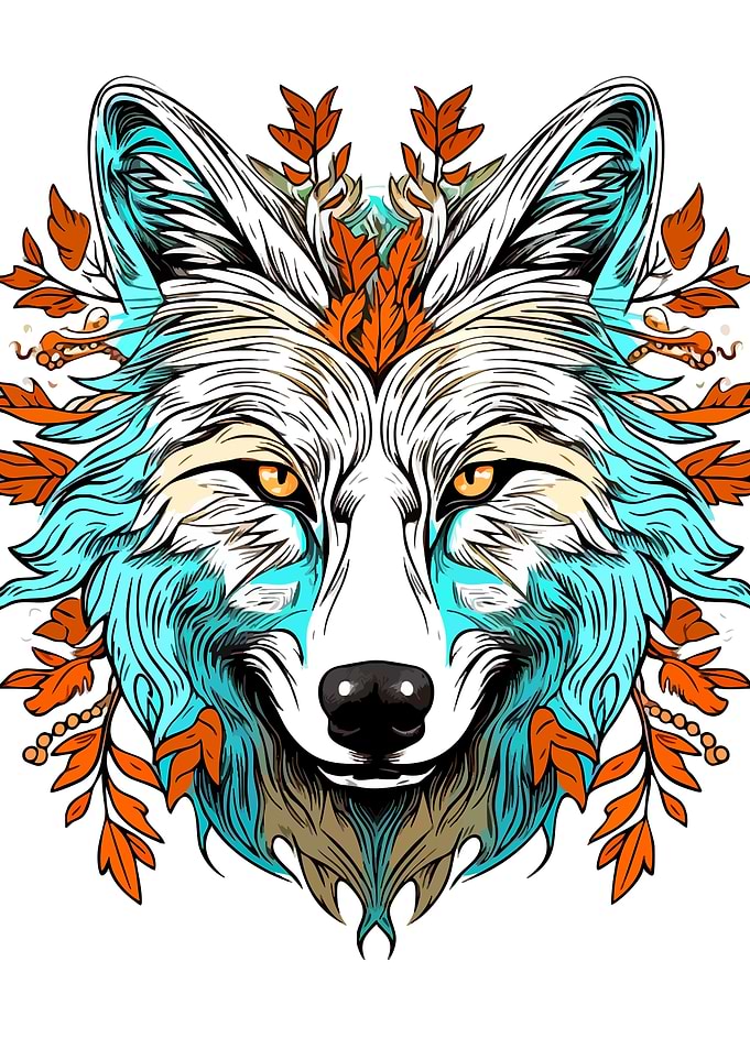 Wolf Portrait with Autumnal Leaves