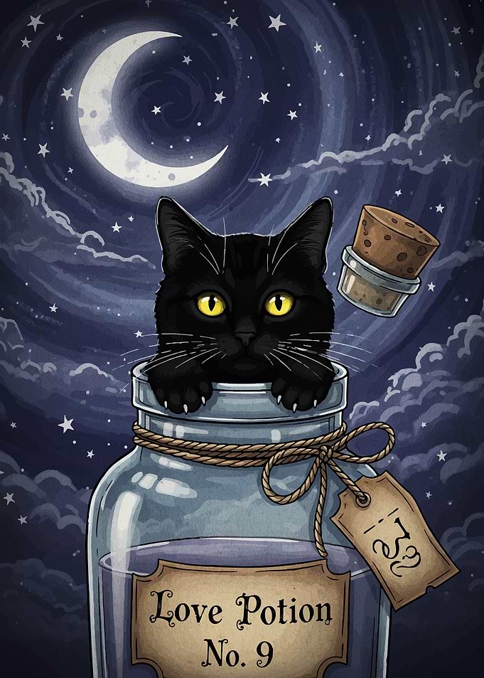 Black Cat in Love Potion Jar