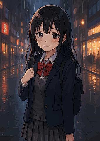 Anime Girl in Rainy Cityscape