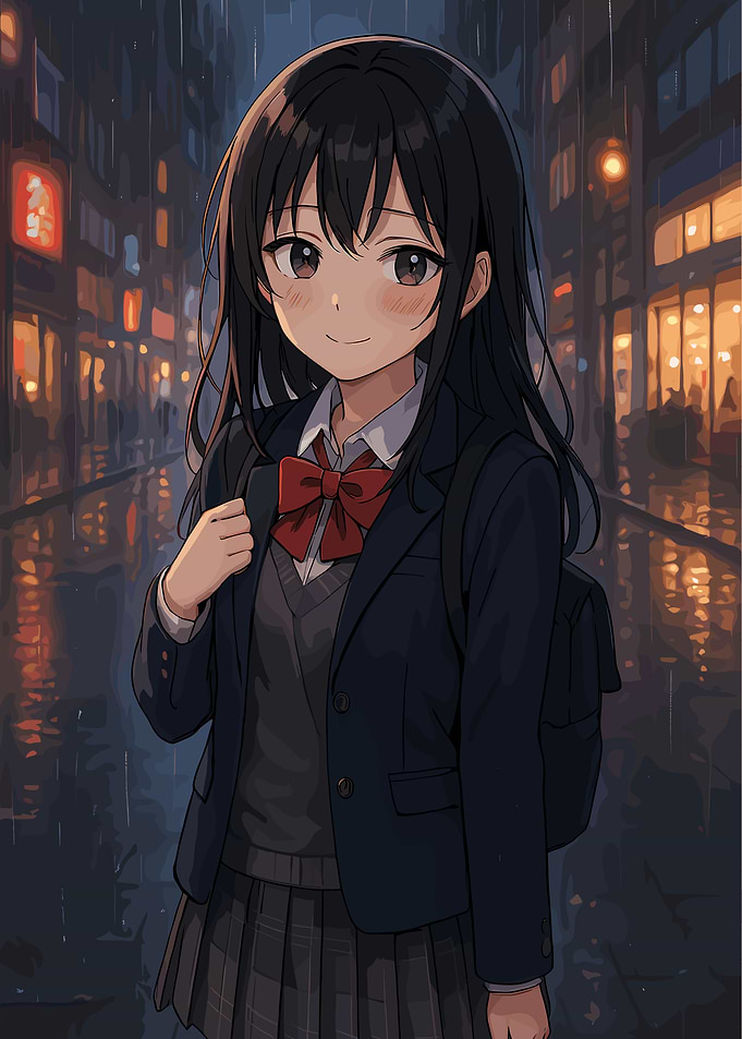 Anime Girl in Rainy Cityscape