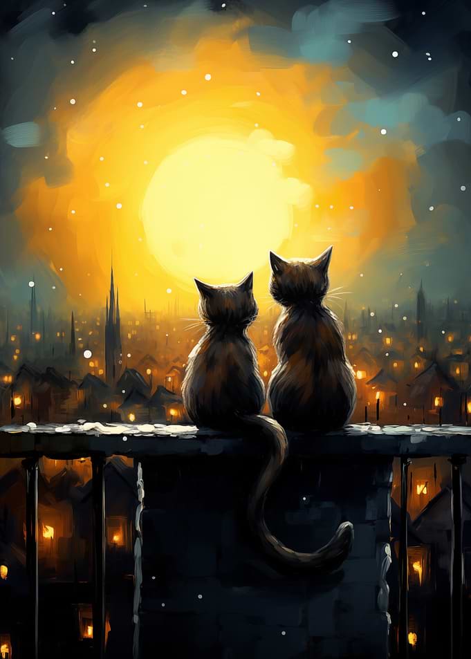 Cats Watching Under Moon