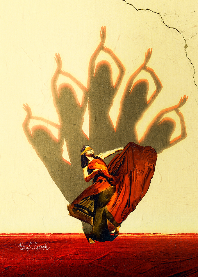 Blindfolded Dancer with Shadow Figures