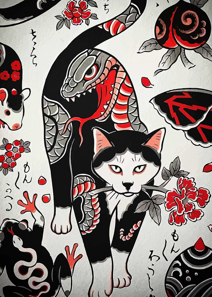 Cat and Snake Tattoo Art