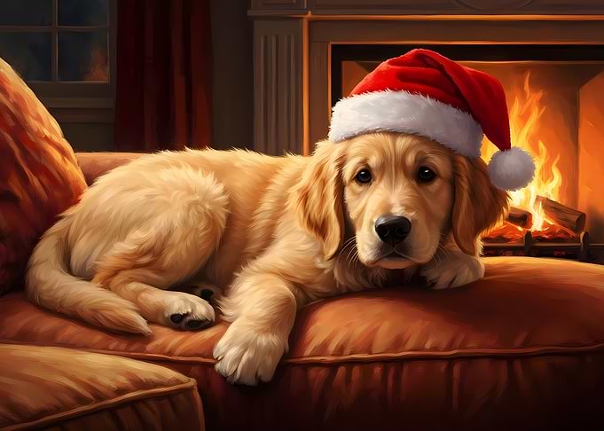 Golden Retriever with Santa Hat by Fireplace