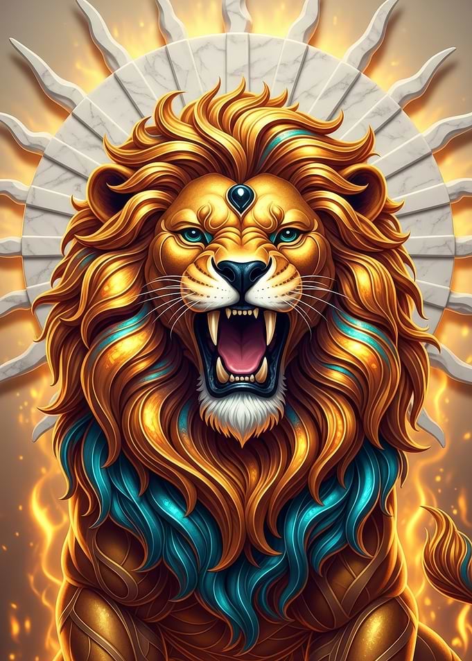 Golden Lion Roaring with Sunburst