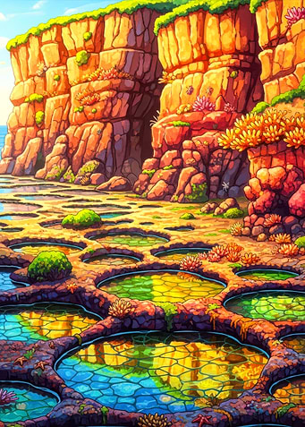 Prismatic Tide Pools Sunlit Coastal Cliffs