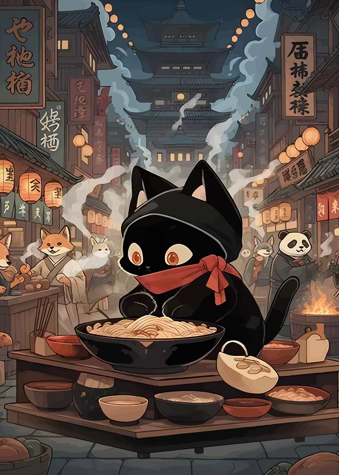 Ninja Cat Eating Noodles in Japan