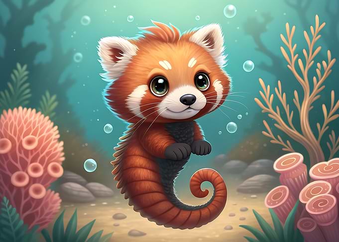 Red Panda Seahorse Hybrid Underwater