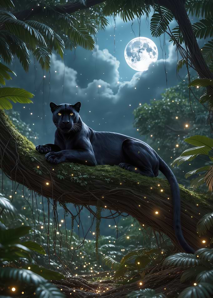 Black Panther in Jungle Moonlight