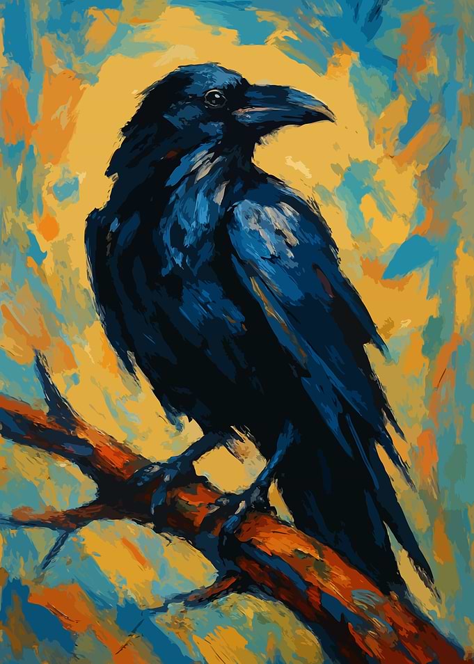 Raven Perched on Branch Painting
