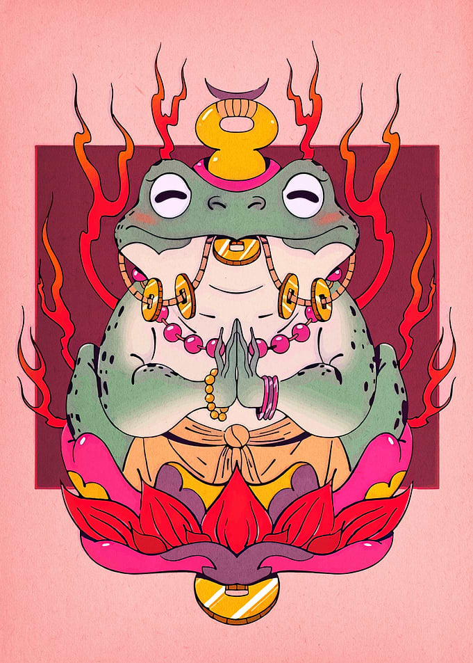 Meditating Frog with Flames