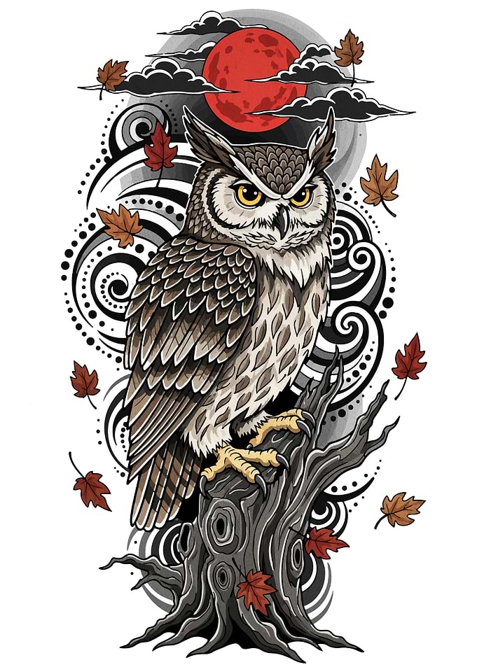 Owl on Tree Stump with Red Moon