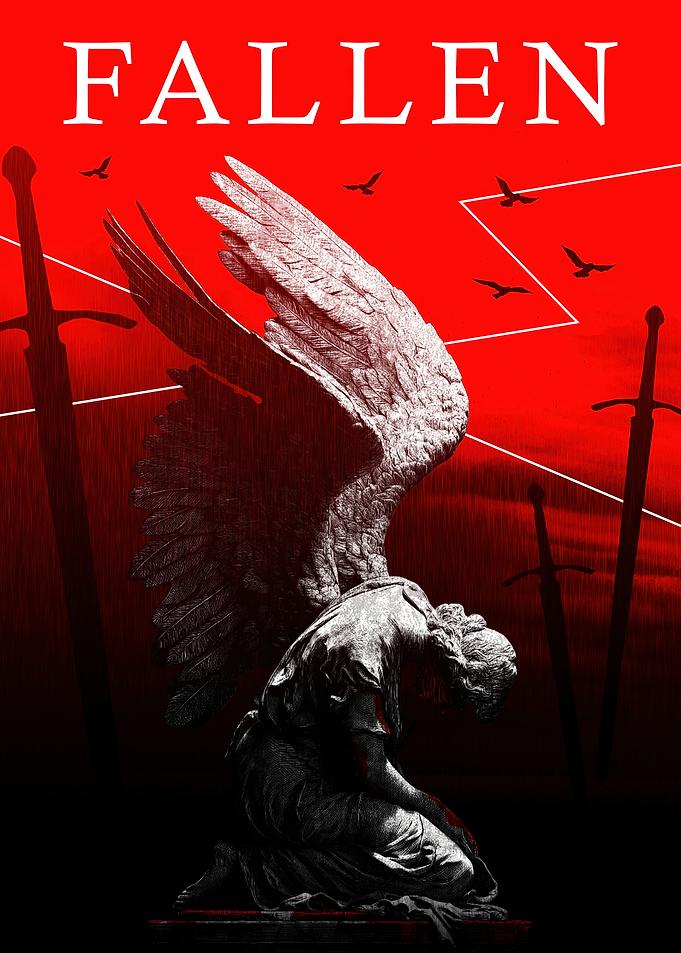 Fallen Angel with Swords on Red