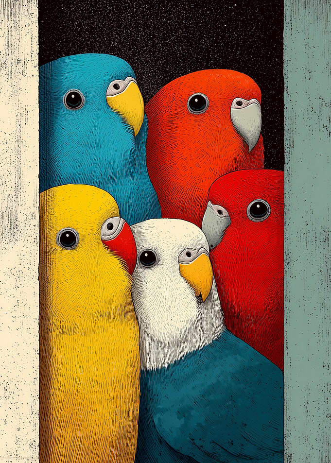 Curious Budgerigars Peeking in Retro Color Portrait, Vintage Bird Art