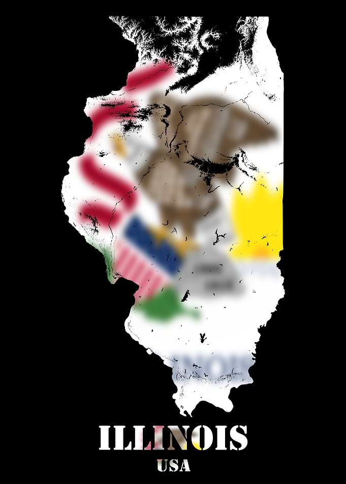Illinois USA state Topographic Contour Relief Map blending terrain features into its emblematic colorful flag