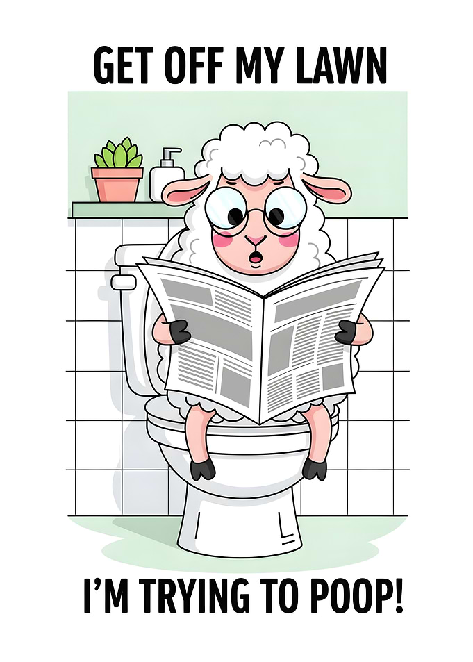 Sheep on Toilet Reading Newspaper