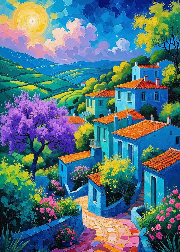 Provence Hillside Village Sunrise