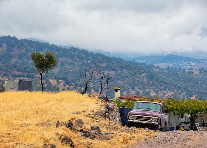 Vintage Truck in Rural Landscape, Greek Island
