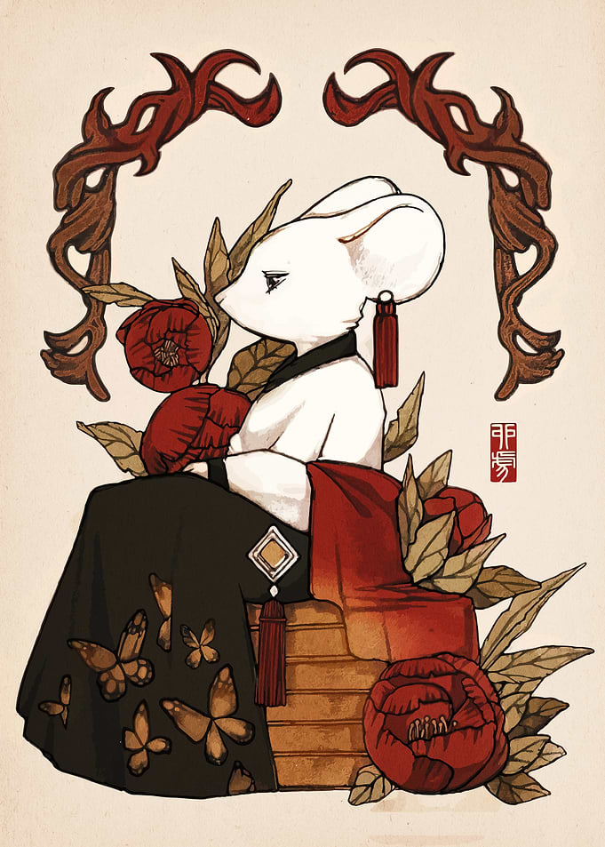 Mouse in Kimono with Floral Accents