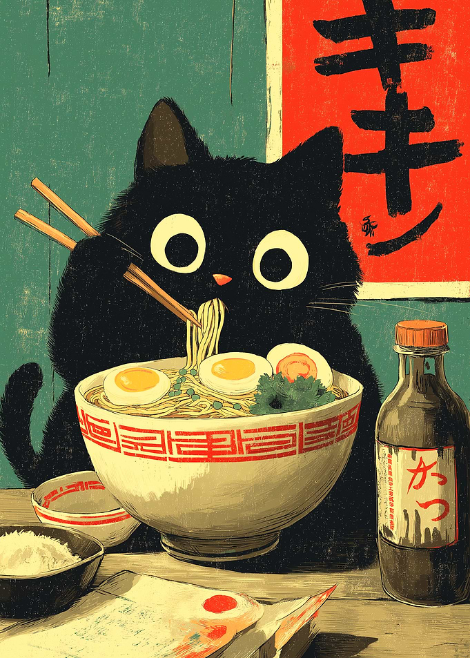 Black Cat Eating Ramen Illustration