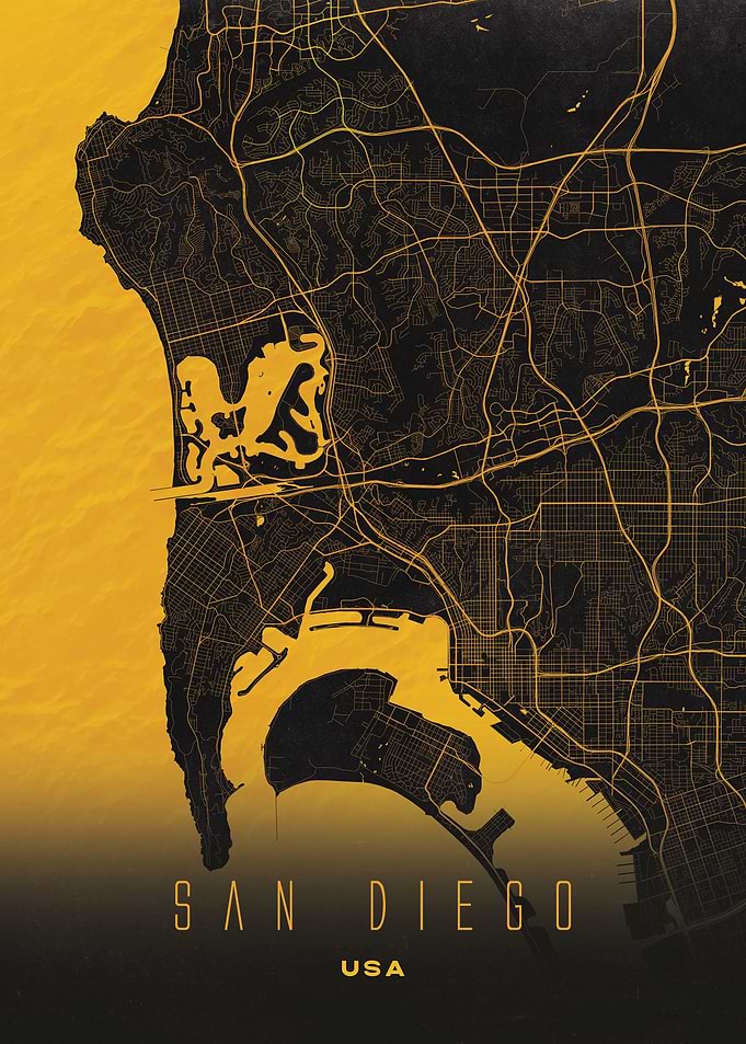 San Diego, USA - Gold and Black Map Poster