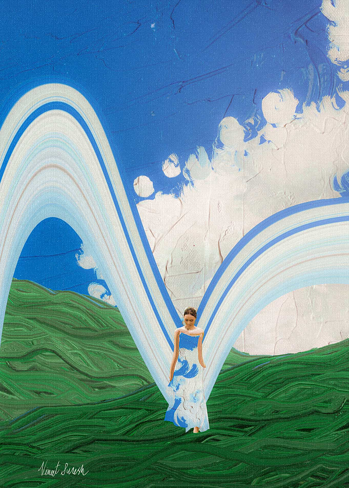 Woman + sky ribbon field abstract painting