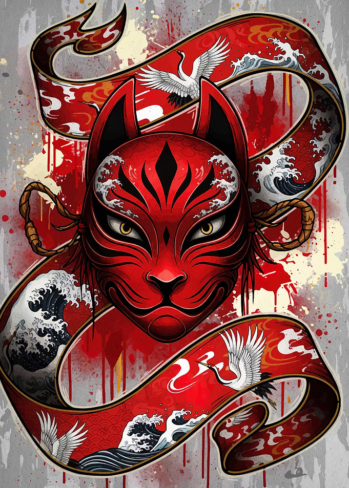 Red Kitsune Mask with Crane Ribbon