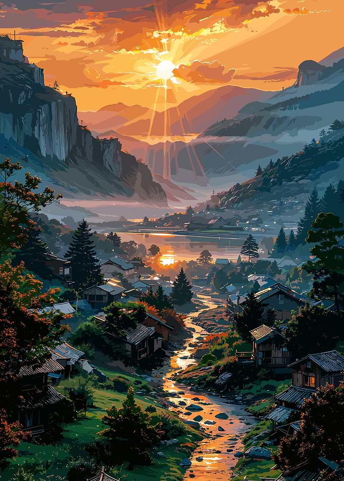 Japanese Village Sunset Landscape
