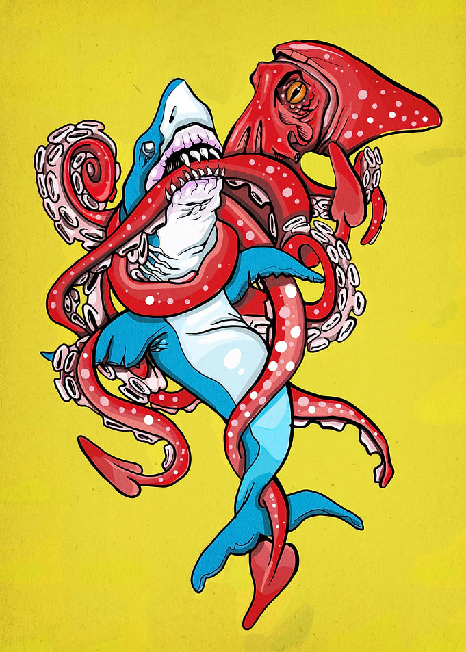 Shark vs Octopus Cartoon Illustration