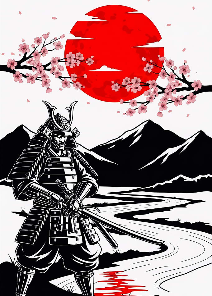 Samurai with Cherry Blossoms and Rising Sun