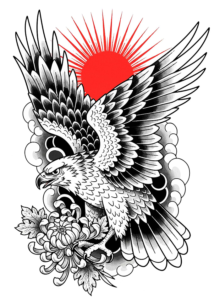 Eagle with Chrysanthemum and Rising Sun