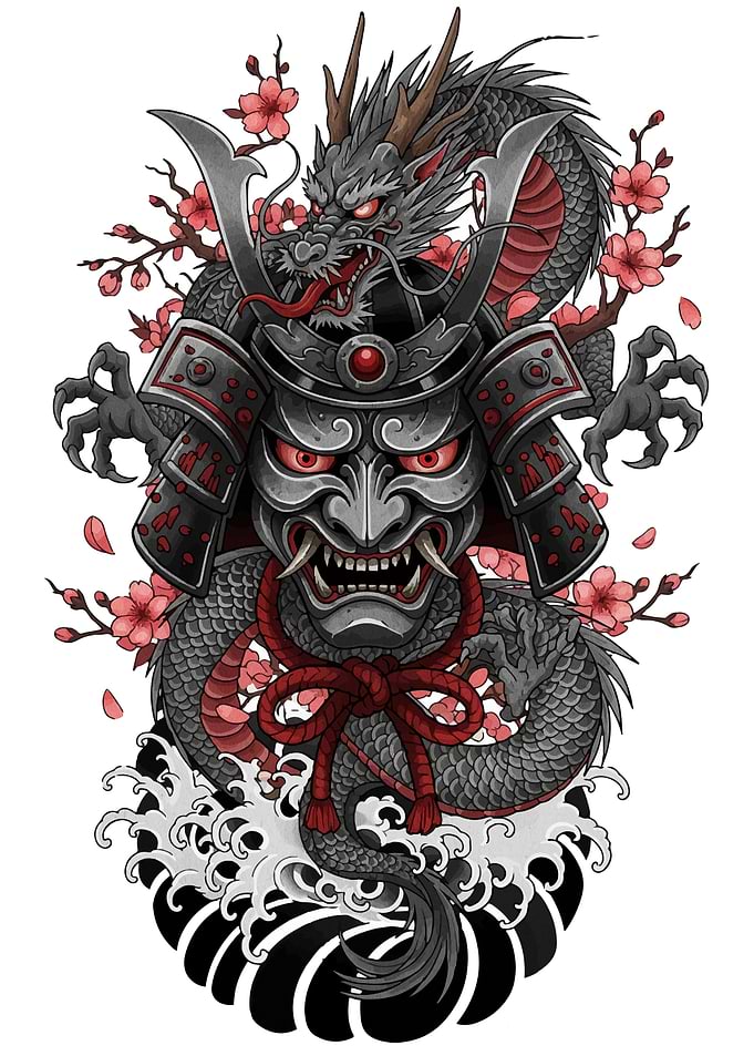 Dragon, Samurai Mask, and Cherry Blossoms