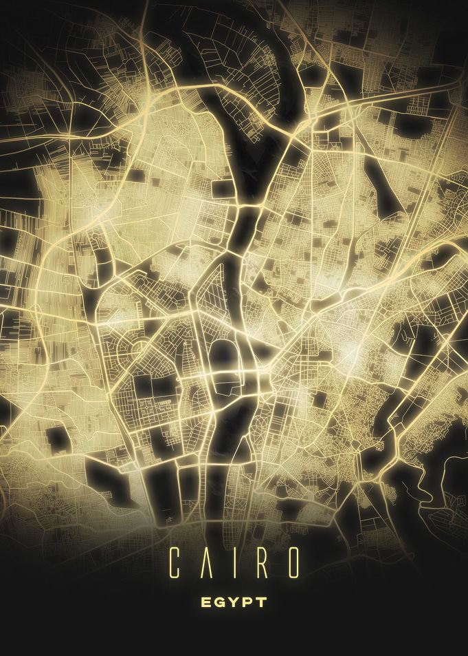 Cairo, Egypt - Illuminated Golden Night Map Art