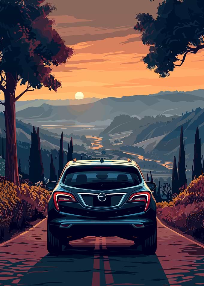 Car on scenic road at sunset