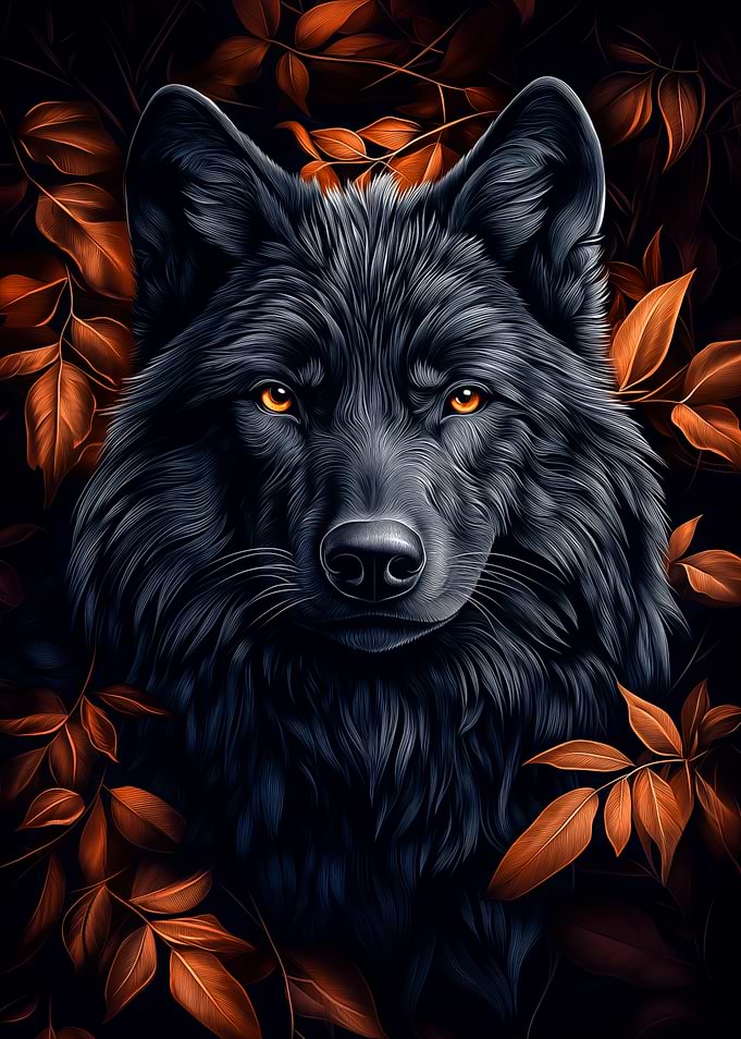 Black Wolf Portrait with Autumn Leaves