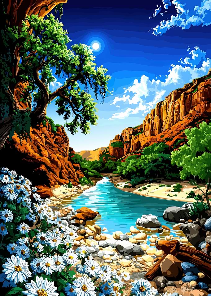 Scenic River Landscape with Daisies