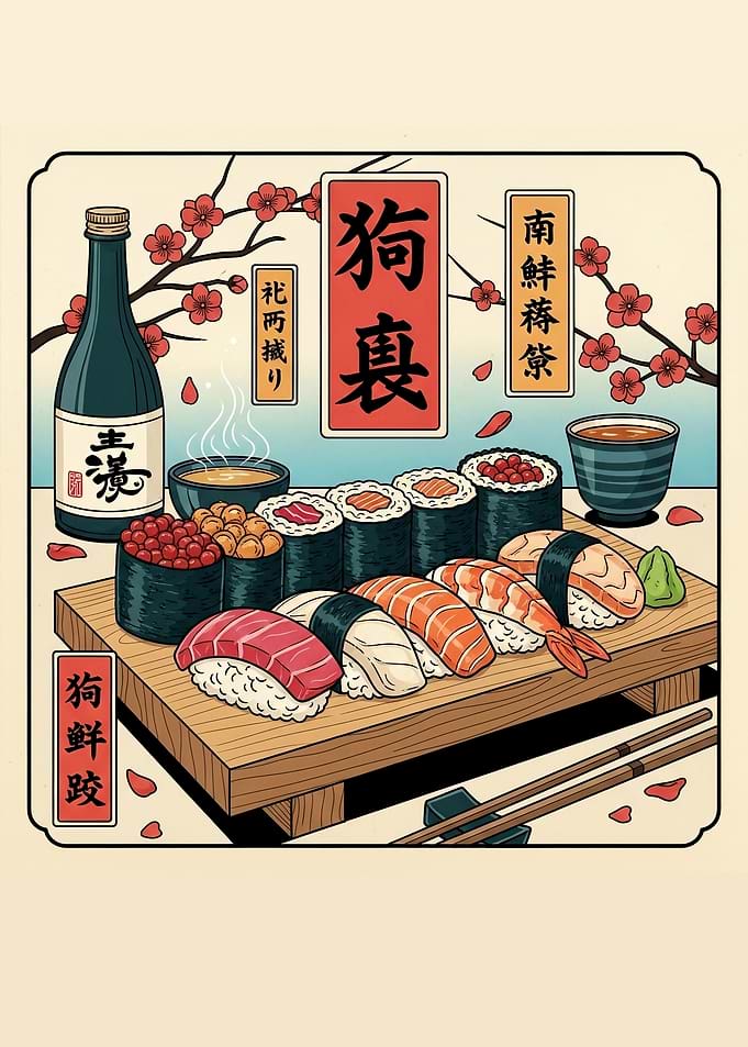 Sushi Platter with Sake and Tea