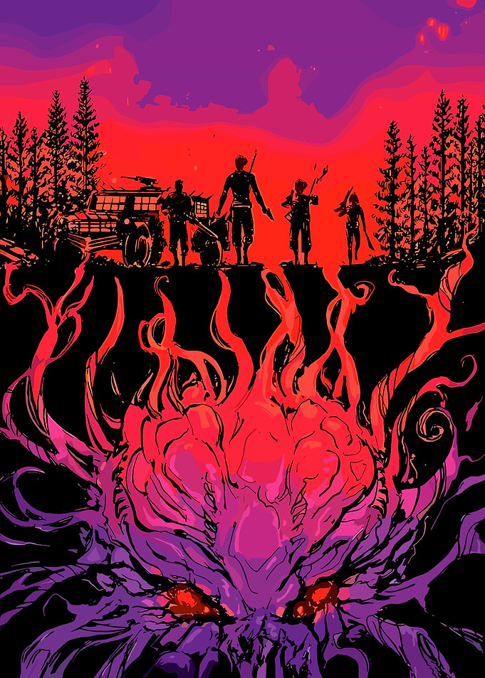 Apocalyptic Team Facing a Monster