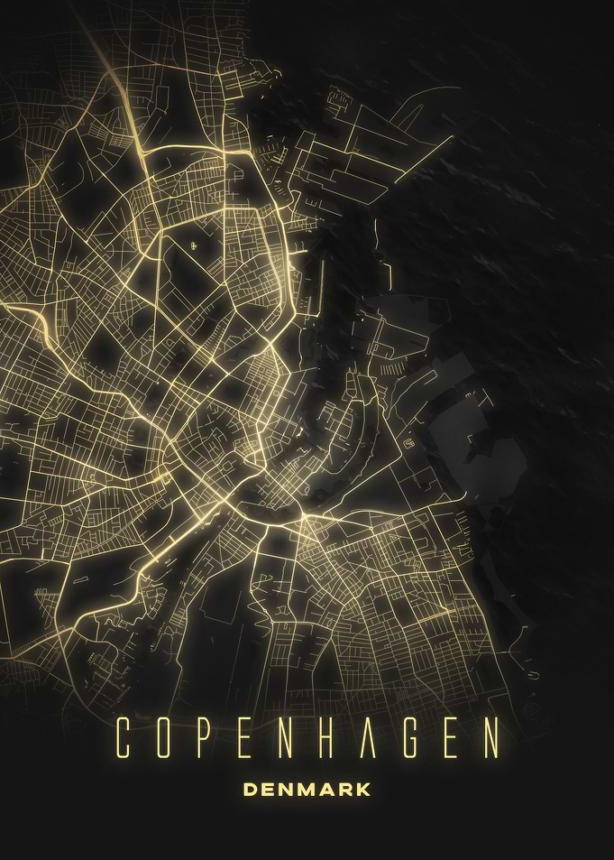 Copenhagen, Denmark - Illuminated Night City Map
