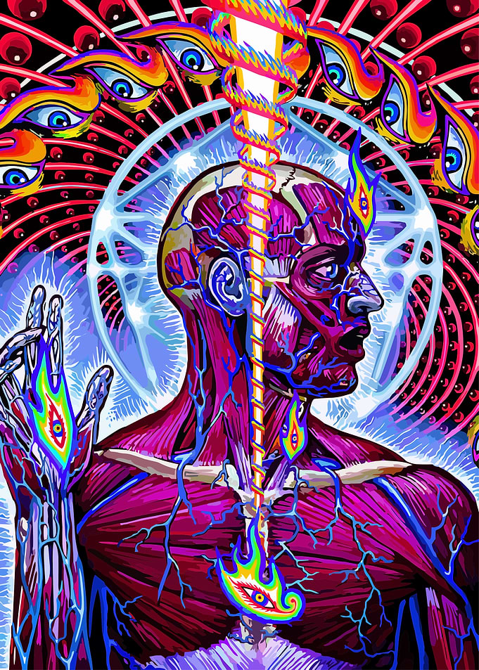 Anatomical Figure with Eyes and Rainbows