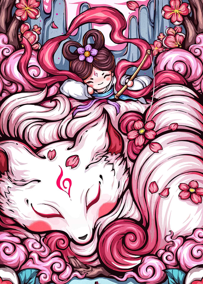 Girl with Fox and Cherry Blossoms